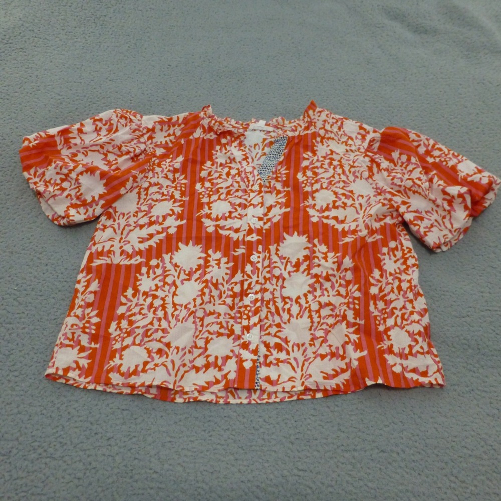 THML Blouse Top Women Medium Orange Floral Stripe Puff Sleeve Button Up